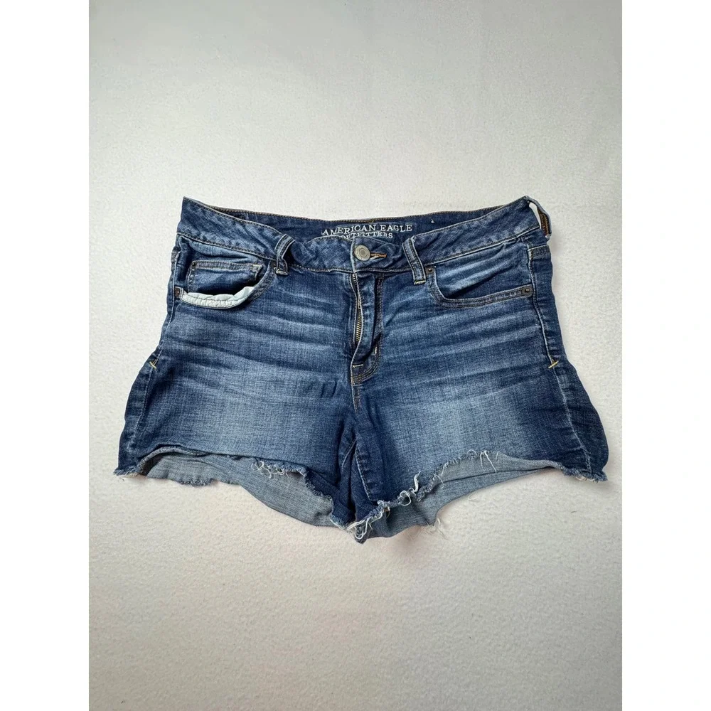 Boho American Eagle Women 12 Shortie Shorts Dark Wash Super Stretch Raw Hem